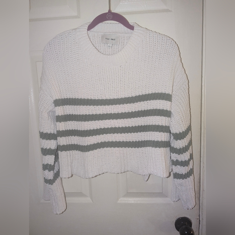 Pink Rose White/Green Stripe Cropped Loose Fit Sweater